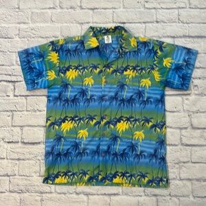 RIMA Hawaiian Shirt Button Down Blue Yellow Green Short Sleeve Size Medium